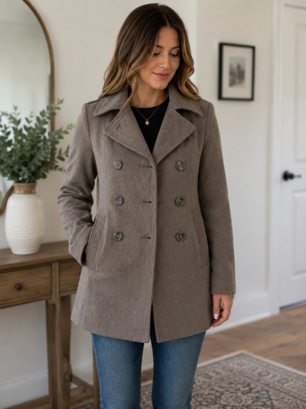 Kenneth Cole Reaction Women’s Small Wool Blend Peacoat Taupe Double Breasted